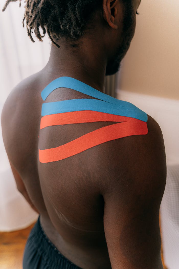 Athletic man with colorful kinesiology tape on shoulder back view, highlighting therapeutic support.